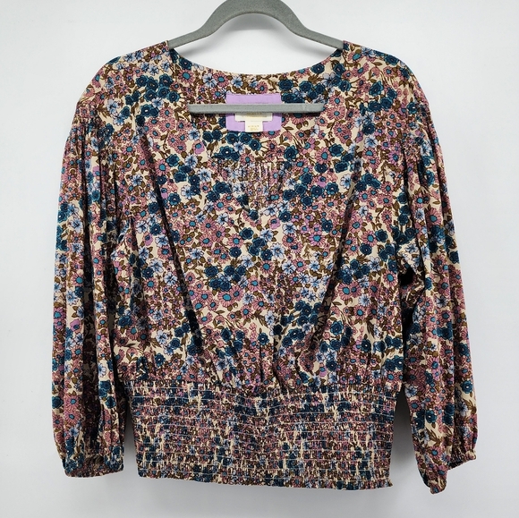 Maeve Anthropologie Odette Smocked Pink Blue Floral Blouse Medium - Picture 2 of 11